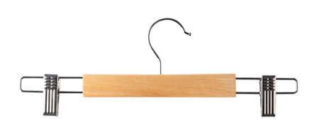 Wooden hanger isolated on white backgroundの写真素材