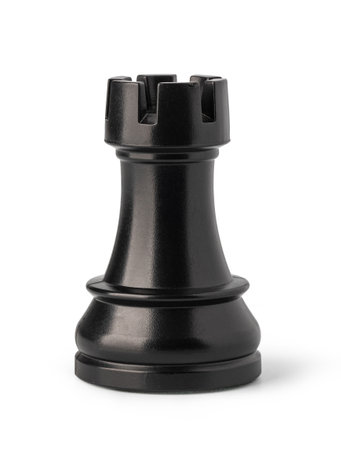 Black rook chess piece standing on a white background, representing strategy, power, and victory in the game, isolated on white backgroundの写真素材