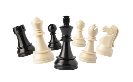 Chess pieces, representing strategy, competition, and intellectual challenge, isolated on white backgroundの写真素材
