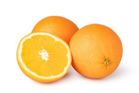 Fresh oranges isolated on white background, showing the pulp and peelの写真素材