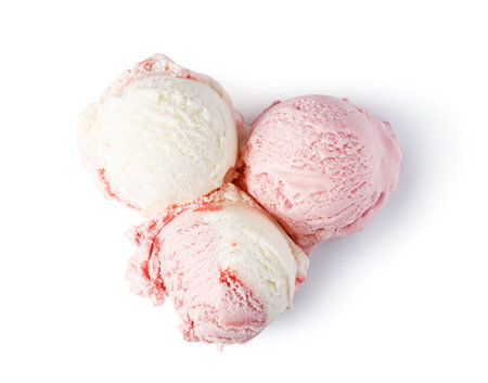Strawberry and vanilla ice cream scoops melting on a white backgroundの写真素材