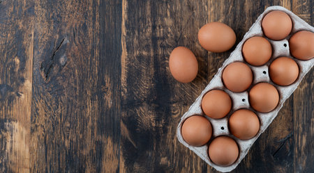 Ten brown eggs in carton and two outside lying on rustic wooden table, shot from aboveの写真素材
