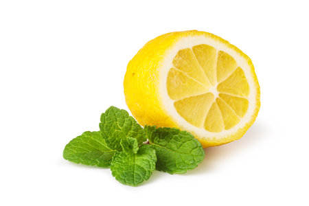 Two juicy lemon slices with fresh mint leaves isolated on white background create a refreshing imageの写真素材