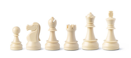 White Chess pieces, representing strategy, competition, and intellectual challenge, isolated on white backgroundの写真素材