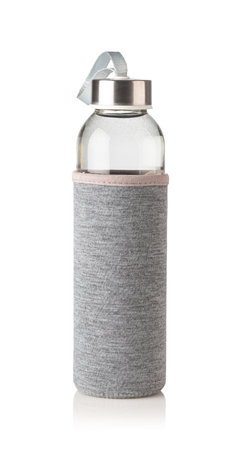 Studio shot of reusable glass water bottle with gray insulated sleeve, metal cap, and carrying loop, promoting hydration and sustainabilityの写真素材