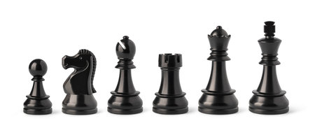 Black Chess pieces standing, representing strategy, competition, and intellectual challenge, isolated on white backgroundの写真素材