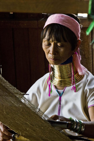 The Kayan women wear brass coils around their necks to give the impression that their necks have...