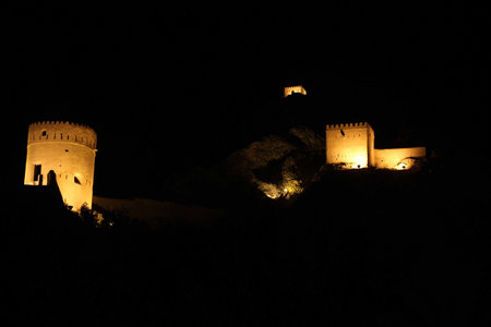 Muscat Fort by night. Night view of the fortress in Muscat, illuminated in the dark.のeditorial素材
