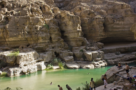 Wadi Shab, Sur, Oman. Wadi Shab is arguably one of the most gorgeous destinations in Oman. Beyond the breathtaking entrance, the wadi rewards you with views of aquamarine pools, waterfalls and terraced plantations;のeditorial素材