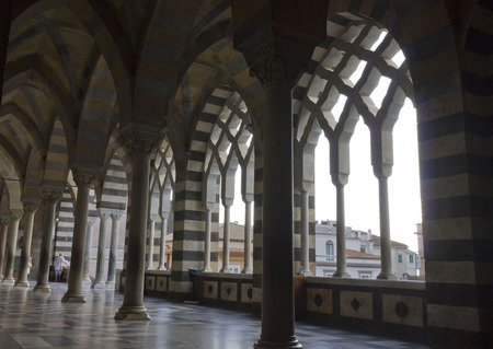 Amalfi, Italy, August 11, 2014: Amalfi Cathedral  (it.Duomo di Amalfi), external colonnade. The church is dedicated to the Apostle Saint Andrew. Predominantly of Arab-Norman Romanesque architectural styleのeditorial素材