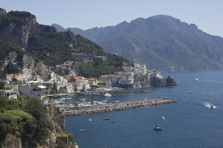 Amalfi, Italy, August 11, 2014: Amalfi Coast. The Amalfi Coast (Italian: Costiera Amalfitana) is a stretch of coastline on the southern coast of the Sorrentine Peninsula in the Province of Salerno in Southern Italyのeditorial素材