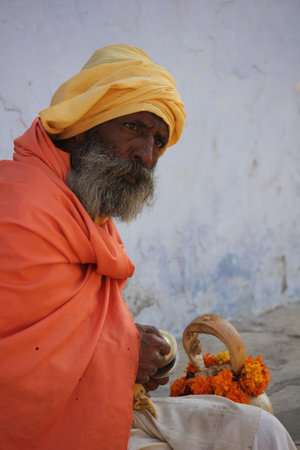 Pushkar, India, Senior Indian Man with orange turban