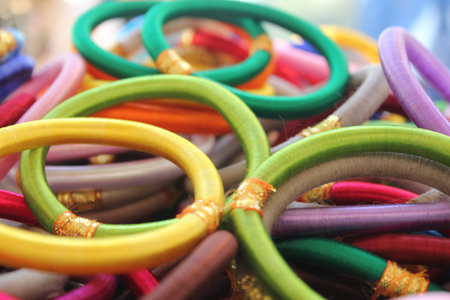 Indian colorful bracelets. Typical Indian handcrafted Bracelets for womenの写真素材