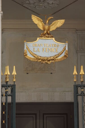 Venice, Italy: External of La Fenice theatre, historical theatre symbol of the city. Emblem detailのeditorial素材