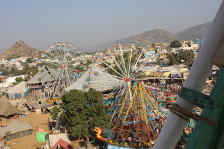 Pushkar, India: View from the top of the Ferris wheel of the city of Pushkar and its famous Camel...