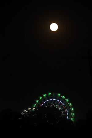 PUSHKAR, INDIA - NOV 28: Pushkar fair at night. Night View of the Ferris wheel illuminated in the dark skyのeditorial素材