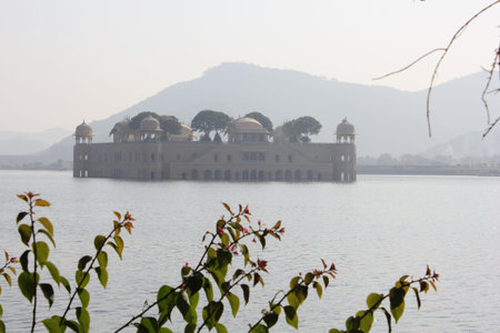 Jal Mahal, meaning Water Palace  in a foggy day. The Palace is a palace located in the middle of the Man Sagar Lake in Jaipur city, Indiaのeditorial素材