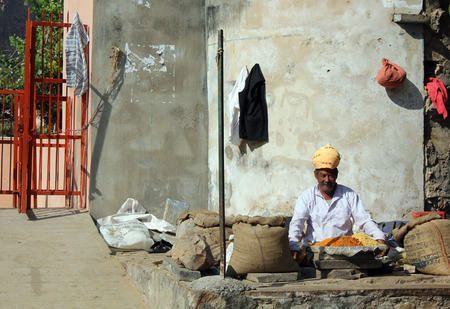 JAIPUR, INDIA: Indian Man with yellow turban and the traditional tilak sign outside the Monkey temple in Jaipurのeditorial素材
