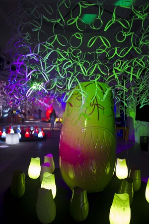 MILAN, ITALY - APRIL 8; Design installation  GLOBOLAND populated by GLOBOLI: enlightened and enlightening characters born from the creativity of the artist topylabrys.のeditorial素材