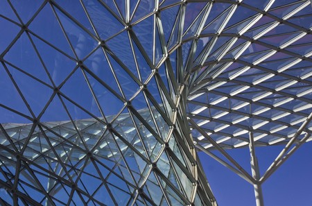 MILAN, ITALY - APR 9: Architectural detail of the Milan Trade fair  on April 9 2014, with its modern architectural roof made of glass and steel.のeditorial素材