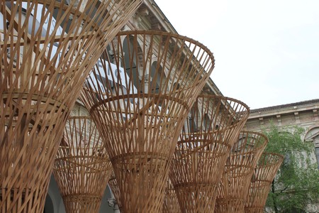MILAN, ITALY - APR 8: University of Milan courtyard during the Milan Furniture fair on April 8 2014, with design installation all aroundのeditorial素材