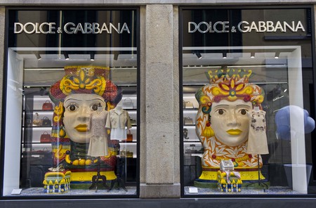MILAN, ITALY - APR 8: Dolce e Gabbana window in Milan on April 8 2014, featuring typical big head symbol of Sicilian ceramicのeditorial素材