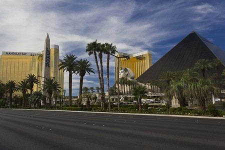LAS VEGAS, USA - AUG 5: Day view of Las Vegas Strip, Mandalay Bay and The Hotel with Egyptian Pyramid and Luxor obelisk on August 5 2013のeditorial素材