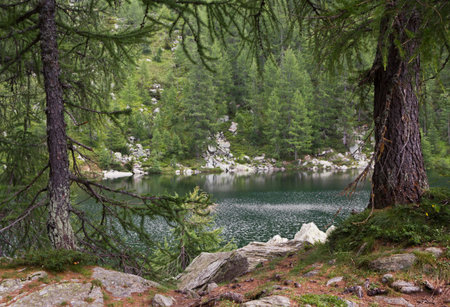 MADESIMO, ITALY - AUG 18 2014: Scenic view of Lago Azzurro (Blue Lake), a lake through trees in the high mountains in Italyのeditorial素材