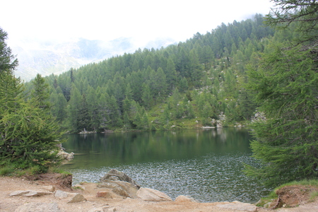 MADESIMO, ITALY - AUG 18 2014: Scenic view of Lago Azzurro (Blue Lake), a lake through trees in the high mountains in Italyのeditorial素材