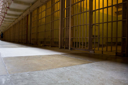 ALCATRAZ, USA - AUGUST 12 2013: Prison Corridor inside the Alcatraz Penitentiary, with the row of...
