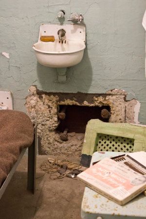 ALCATRAZ, USA - AUGUST 12 2013: Close up of an Alcatraz Cell, after an attempt to escapeのeditorial素材