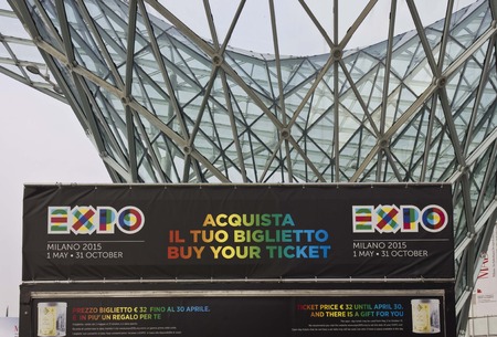 MILAN, ITALY - MARCH 20 2014: Expo 2015 Ticket office at the entrance of Milan Trade Fair in Rho Fiera district of Milanのeditorial素材