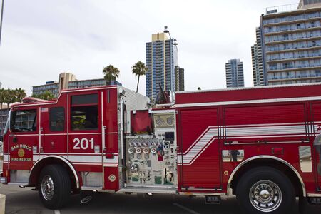 SAN DIEGO, USA - AUGUST 19 2013: San Diego Fire Rescue vehicle on the street of the Navy harbourのeditorial素材