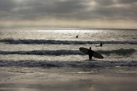 SAN DIEGO, USA - AUGUST 20 2013: Surfer on the shoreline of San Diego Mission beach at sunsetのeditorial素材