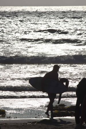 SAN DIEGO, USA - AUGUST 21 2013: Surfers on San Diego Mission Bay beach at  sunsetのeditorial素材