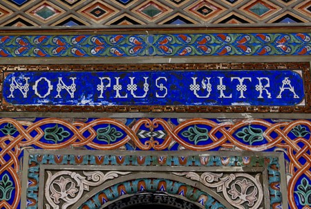 REGGELLO, ITALY - MAY 2 2015: Sammezzano Ancient Castle interior. Close up of the doorway with the text Non Plus Ultraのeditorial素材