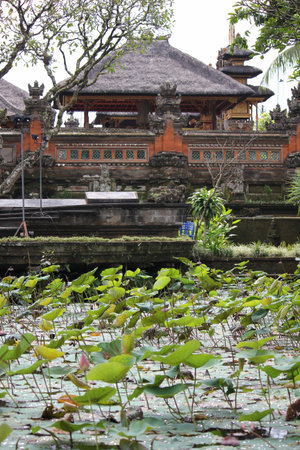 BALI, INDONESIA - JULY 6 2012: Bali Saraswati Temple in Bali, Ubud region, Indonesia, in a dull dayのeditorial素材