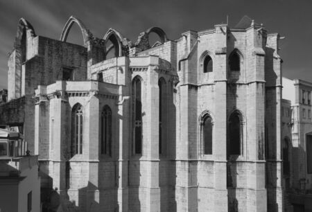 Overview of Convento do Carmo church in Lisbon, Portugal. Black and whiteの写真素材