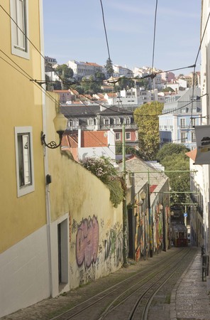 LISBON, PORTUGAL - OCTOBER 25 2014: Lavra street in Lisbon with its funicular and view of Lisbon skylineのeditorial素材