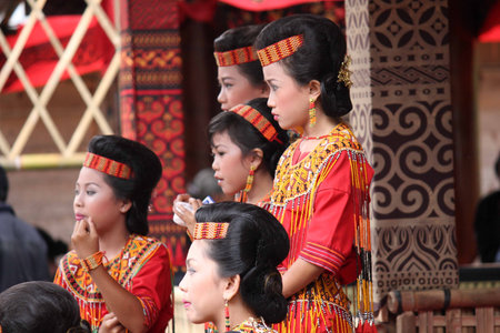 TANA TORAJA, JULY 3 2012: Group of Indonesian girl, from Toraja land, traditional dressed during a funeral ceremonyのeditorial素材
