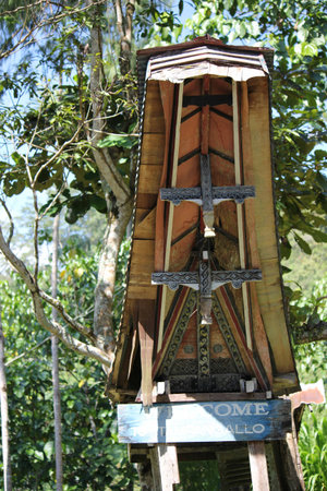 SOUTH SULAWESI, INDONESIA - JULY 4 2012: Close up architecture of a typical Torajan houses, called Tongkonan, in a sunny dayのeditorial素材