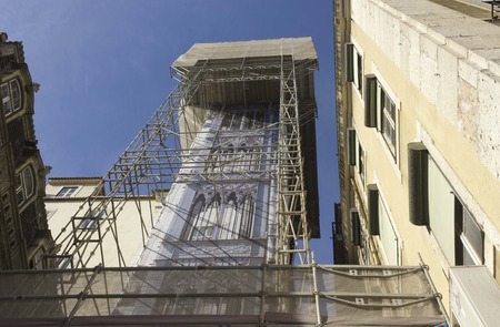 LISBON, PORTUGAL - OCTOBER 25 2014: View from the bottom of the famous Santa Justa elevator in Lisbon, during its renovation worksのeditorial素材