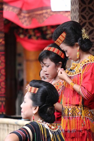 TANA TORAJA, JULY 3 2012: Group of Indonesian girl, from Toraja land, traditional dressed during a funeral ceremonyのeditorial素材