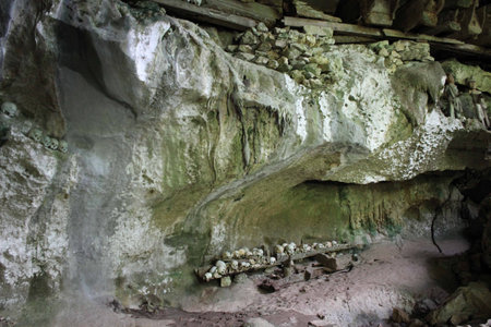 TANA TORAJA, INDONESIA - JULy 4 2012: Skulls & bones in a burial cave/grave Tana Toraja, Indonesia.のeditorial素材