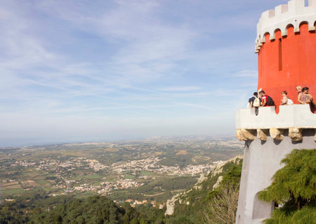 SINTRA, PORTUGAL - OCTOBER 25 2014: Landscape view of Sintra from Pena Palace, with people on the red towerのeditorial素材