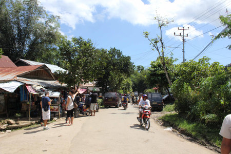 TANA TORAJA, INDONESIA - JULY 4 2012: People along the street of a little rural village in Tana Toraja, Indonesia, with its local marketのeditorial素材