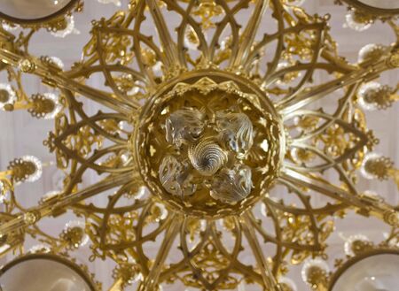 Close up of a gold chandelier in Sintra Pena Palace in Portugal, view from the bottomのeditorial素材