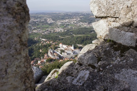 Sintra National palace and landscape viewed from Moorish Castle in Sintraのeditorial素材