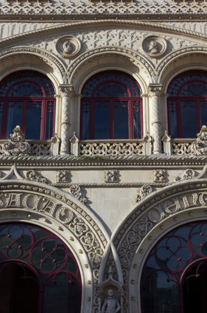 LISBON, PORTUGAL - OCTOBER 24 2014: Architectural close up of the romantic facade of Rossio Station in Lisbon, Portugalのeditorial素材