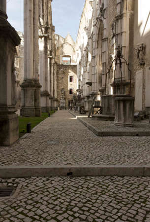 LISBON, PORTUGAL - OCTOBER 24 2014: Inside the ruins of Carmo Convent in Lisbon, lateral corridor damaged by the earthquakeのeditorial素材